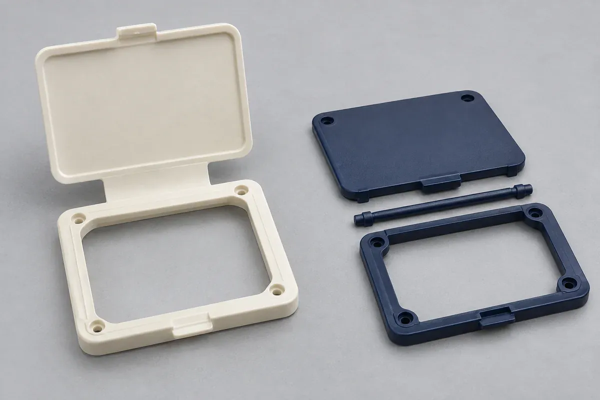 One-piece molded hinged cover beside a separate pin-hinge cover concept