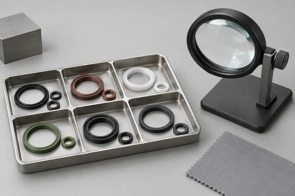 Separated silicone seal samples beside a plain magnifying inspection lens