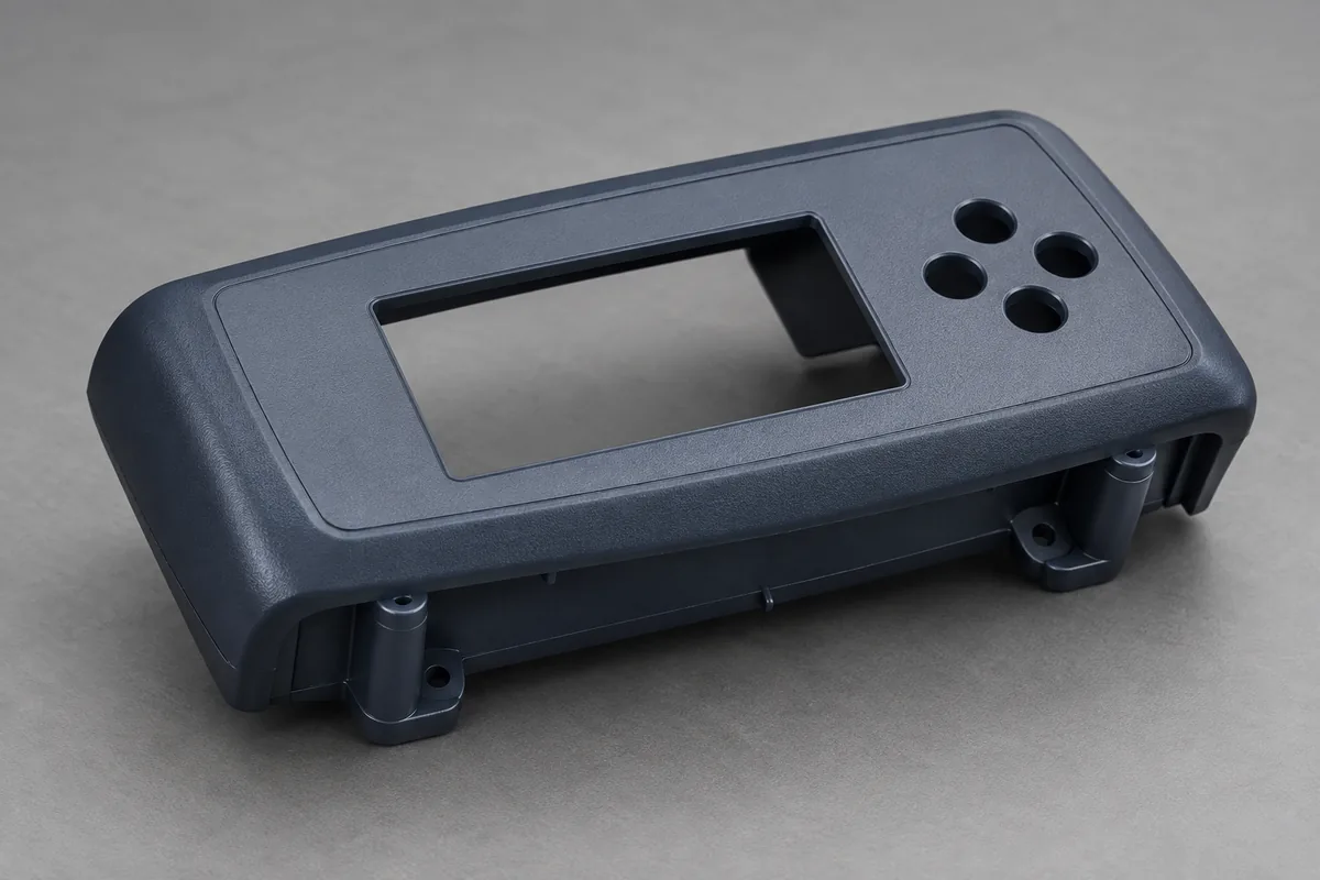 Enclosure shown from an angle that exposes its display face and underside edge