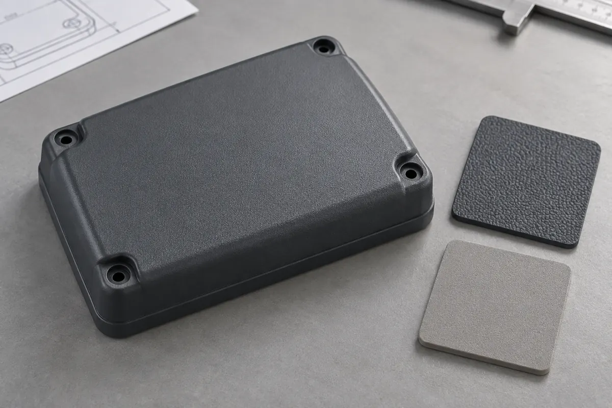 Textured enclosure lid beside small surface-finish sample plaques