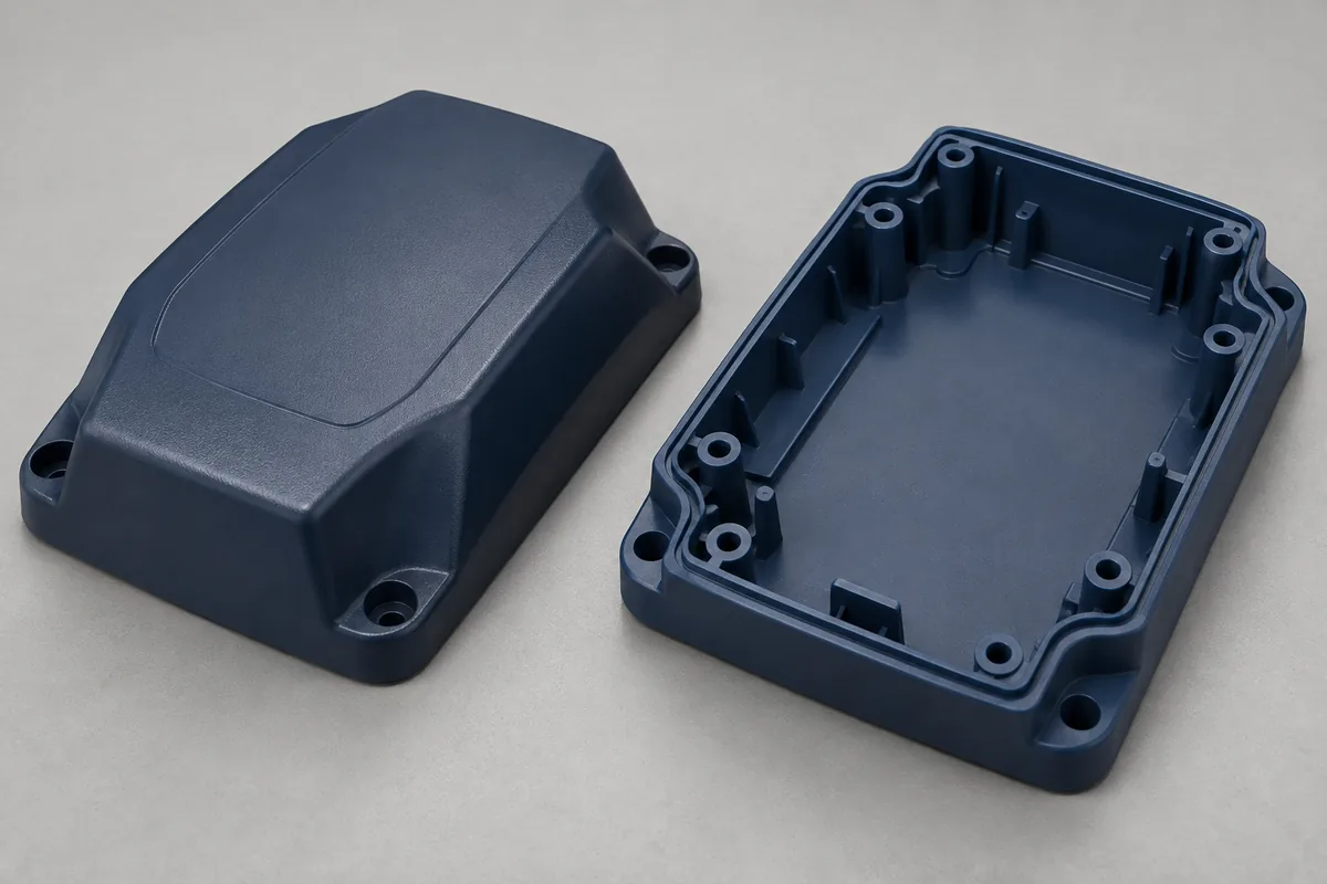 Two navy enclosure halves under diffuse light showing a subtle appearance difference
