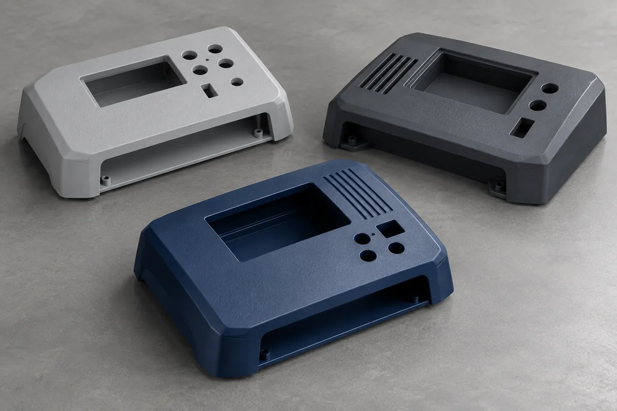 Three electronic enclosure upper-shell design examples with different colors and surface finishes