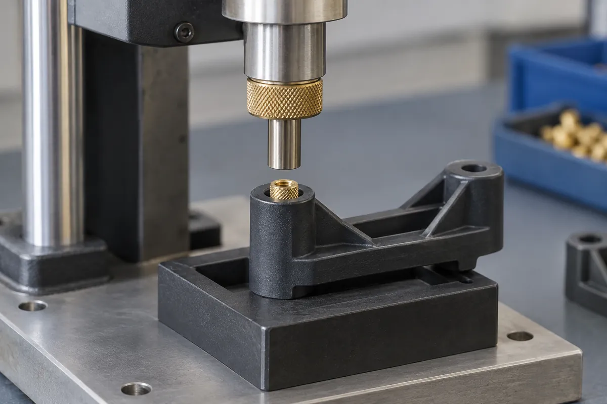 Conceptual heat-insertion head aligned above a brass insert and molded bracket