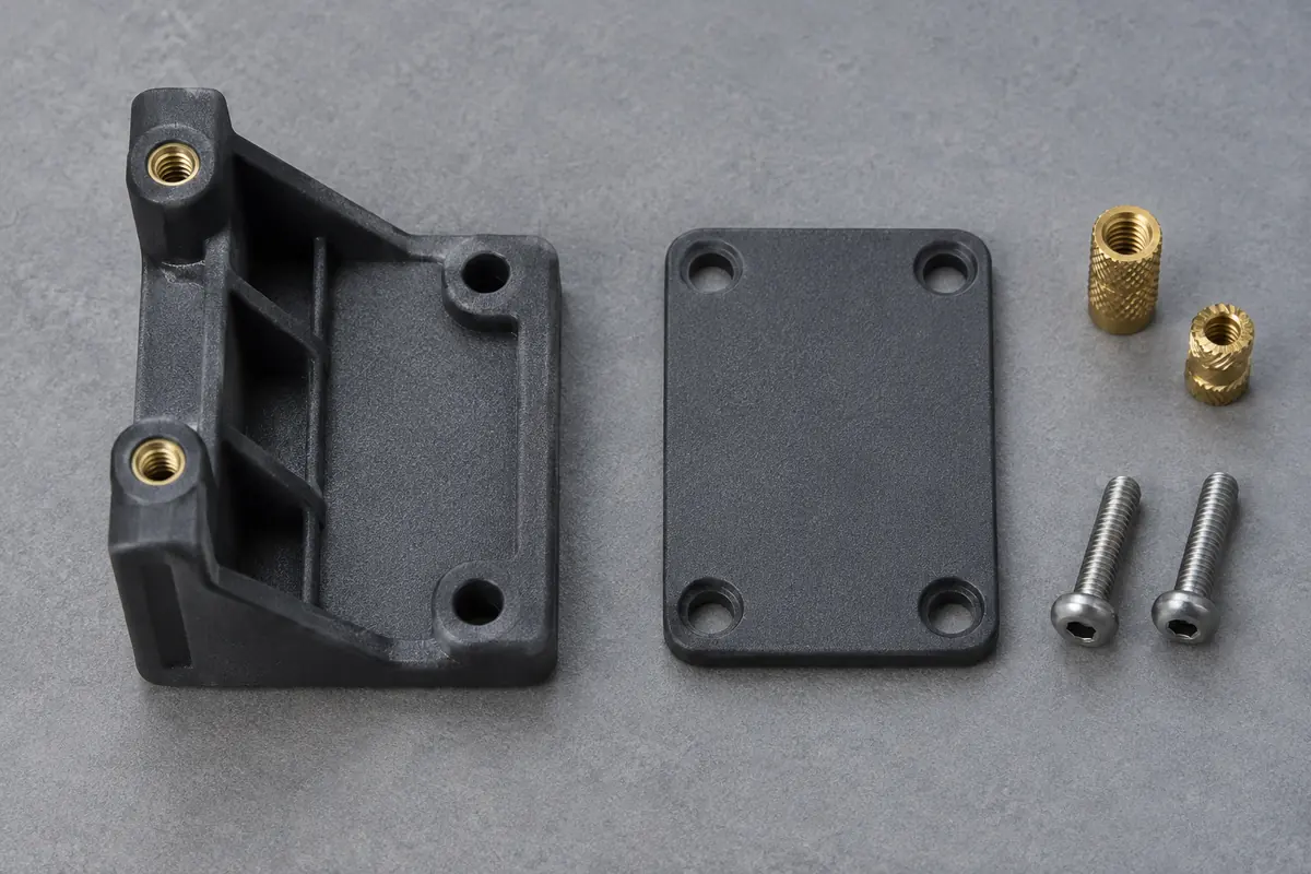 Illustrative bracket, mating plate, screws and loose insert alternatives laid out for review
