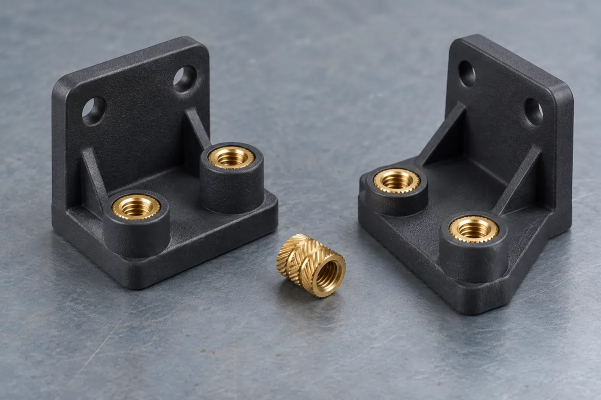 Illustrative plastic mounting brackets and brass threaded inserts for installation-route comparison