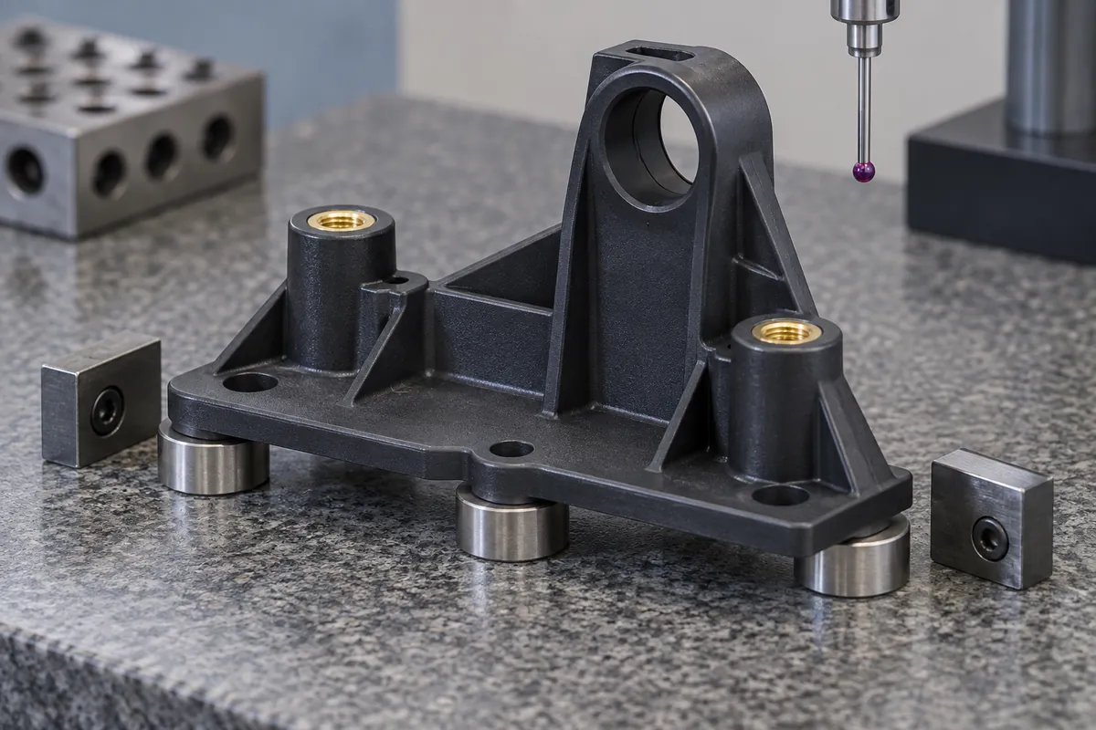 Conceptual bracket resting on discrete metrology supports with mounting and side surfaces visible
