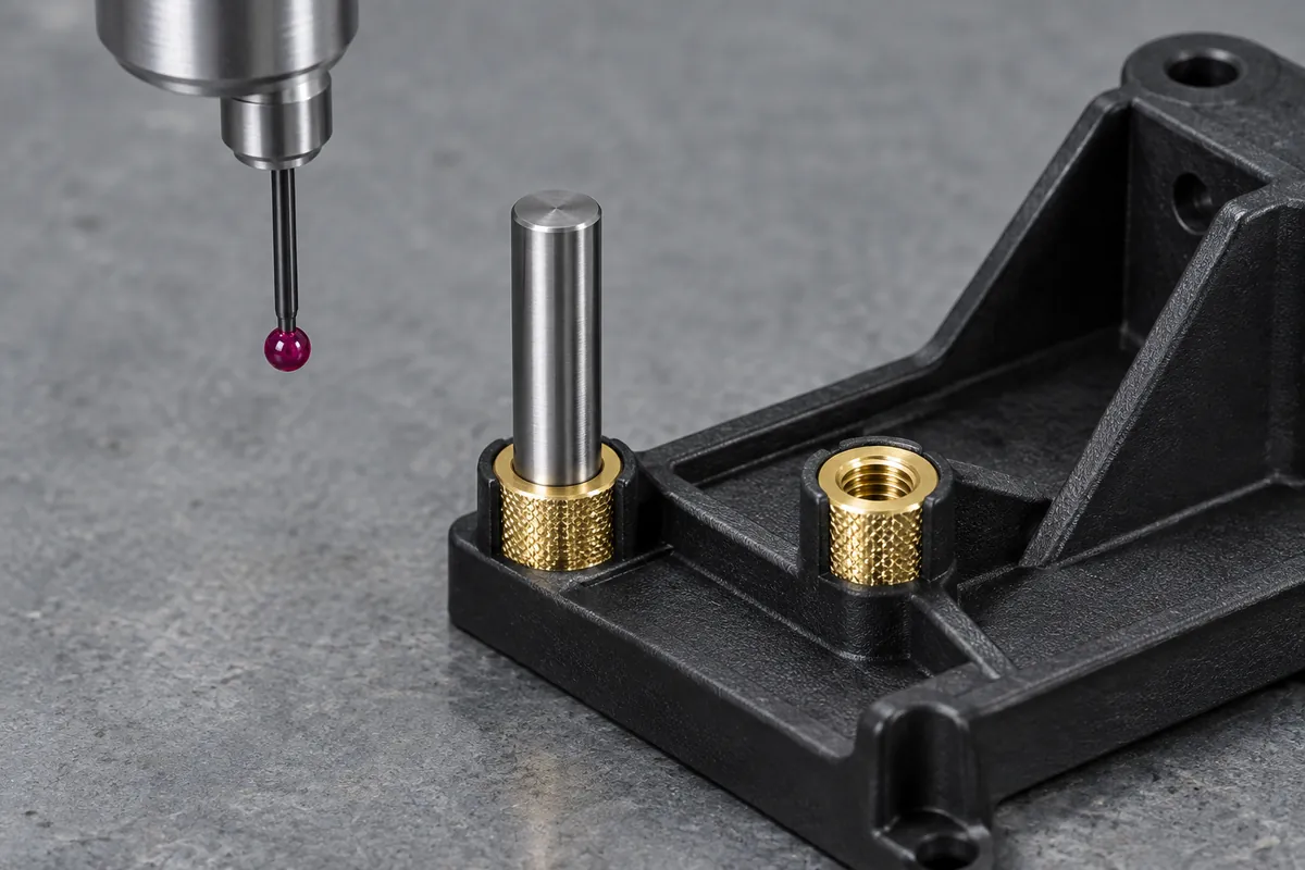 Illustrative CMM stylus approaching a bracket insert beside a precision cylindrical inspection mandrel