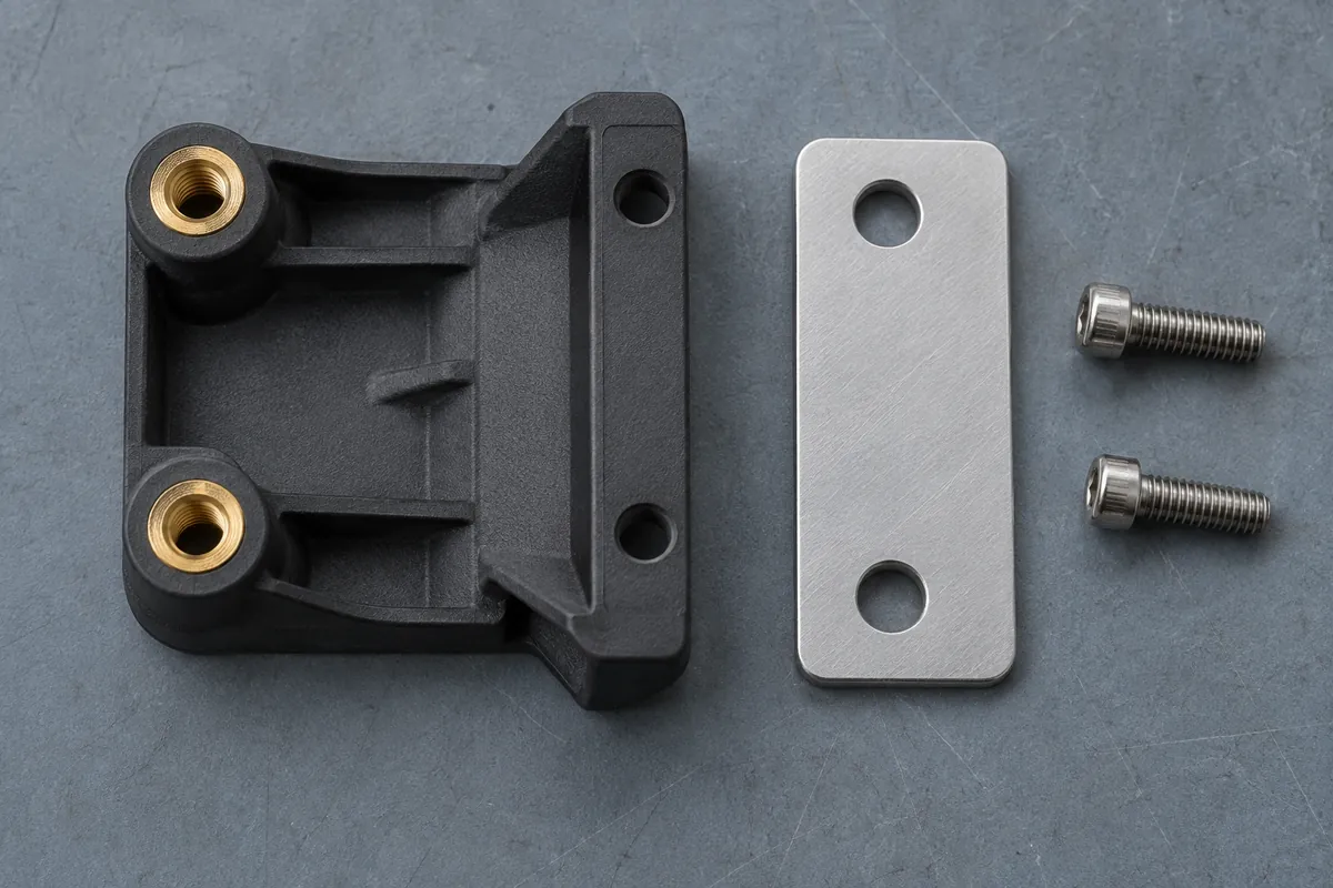Illustrative plastic bracket and mating plate with locating features staged for a fit check