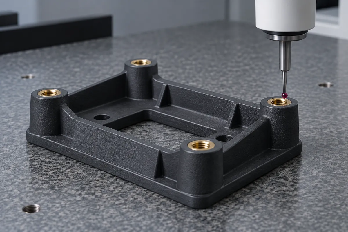 Illustrative multi-insert plastic bracket on a metrology fixture for position inspection