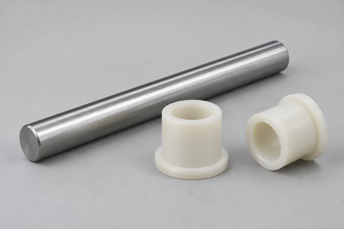 Natural nylon-style bushings and a plain shaft arranged for dimensional inspection