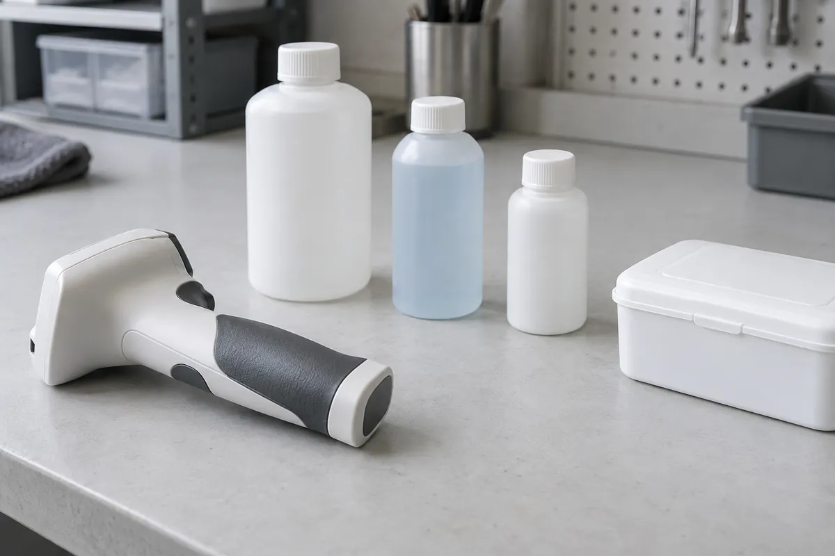 Illustrative overmolded grip beside closed unlabelled containers