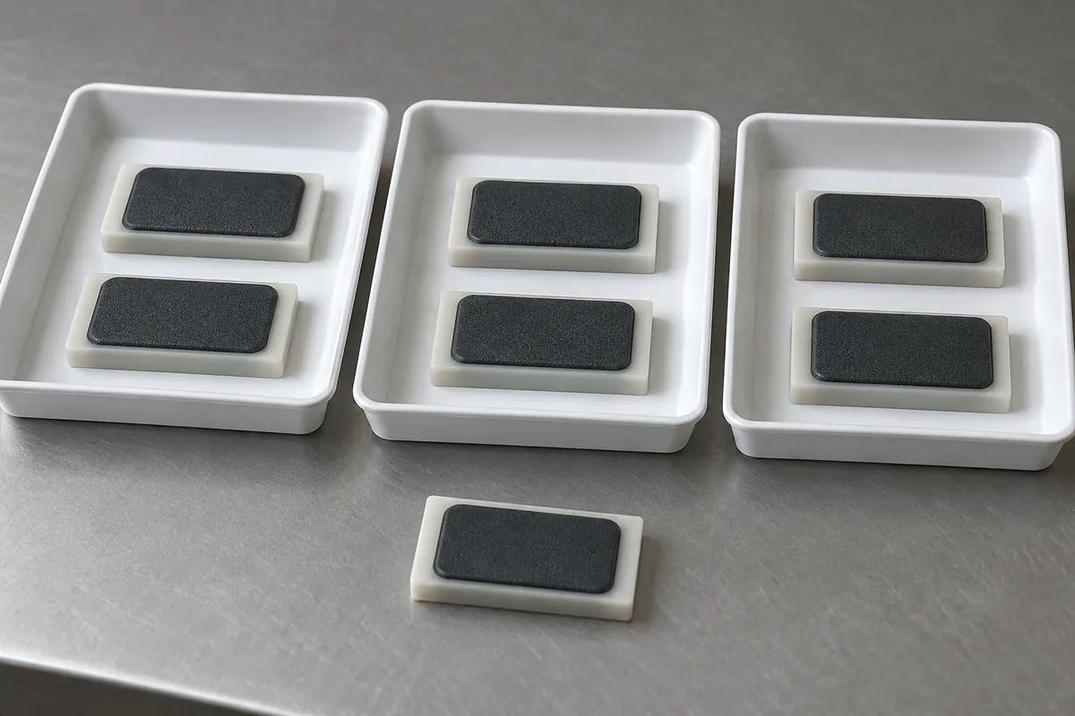 Illustrative polymer coupons separated in individual evaluation trays