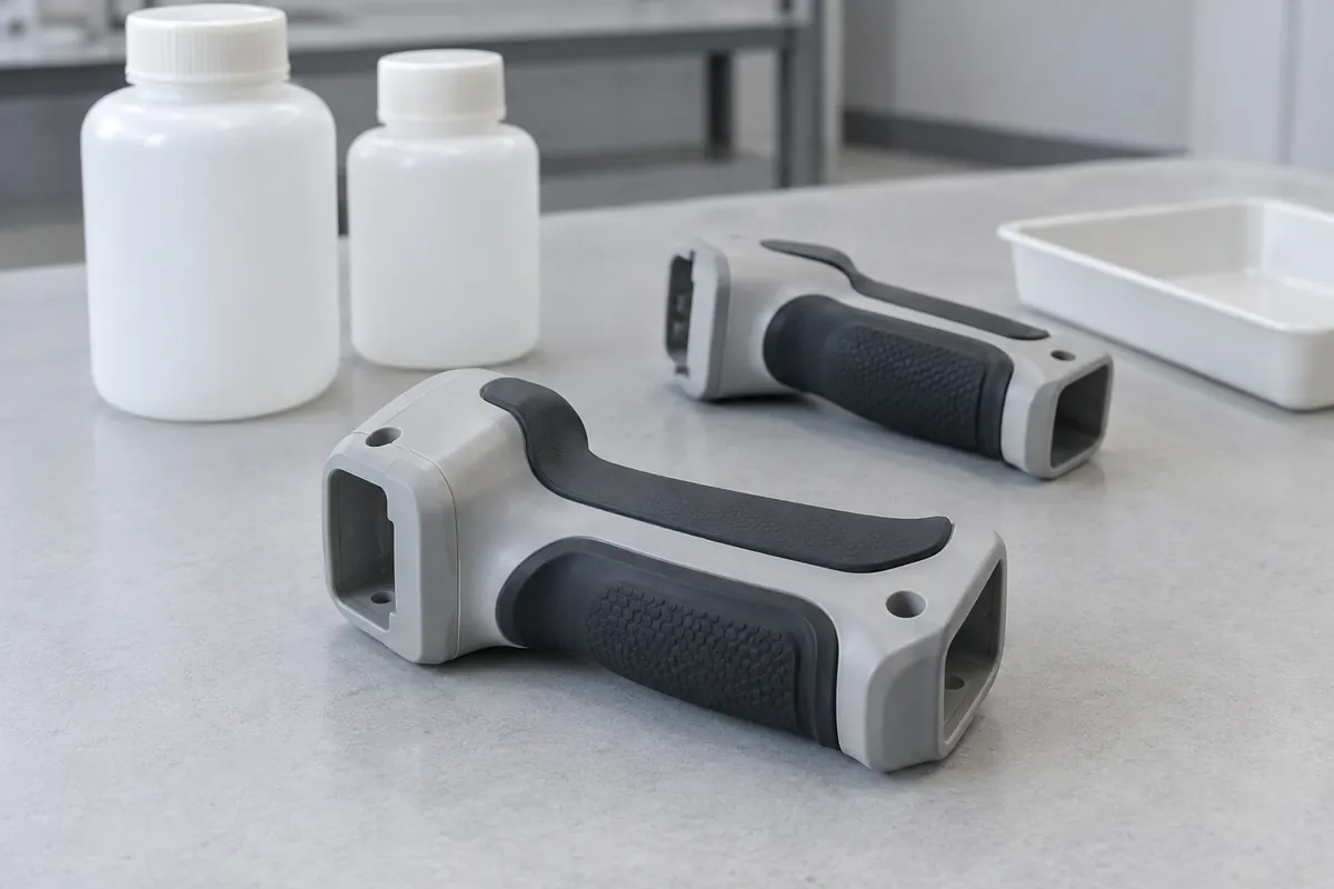 AI-generated illustration of an overmolded grip for cleaning compatibility planning