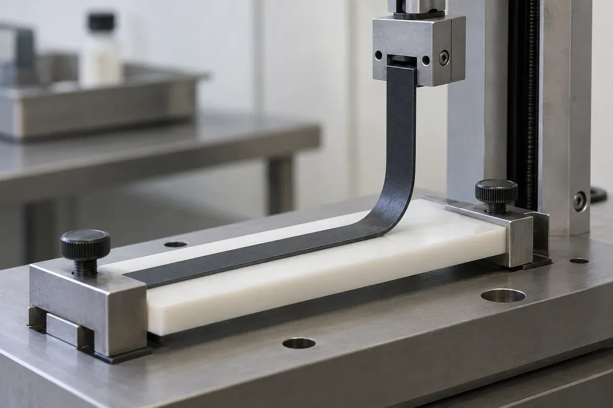 Illustrative peel-test fixture holding a polymer specimen without a numerical readout
