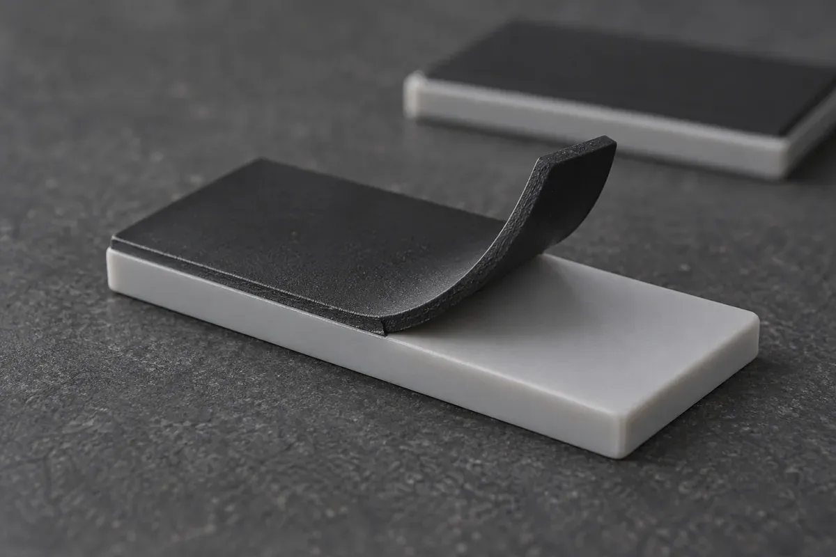 Illustrative close-up of a separated soft overmold and rigid substrate interface