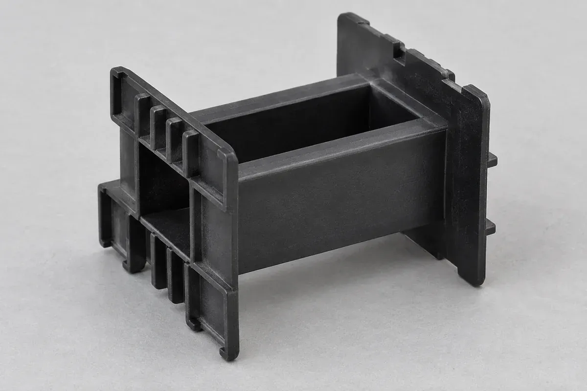 Close view of a molded bobbin flange meeting the central winding barrel