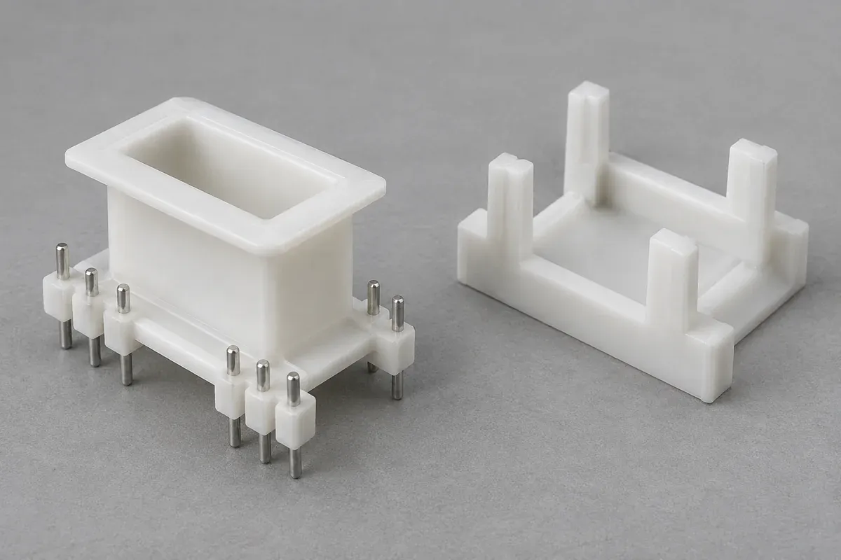 Molded plastic pin bosses on a small transformer coil former