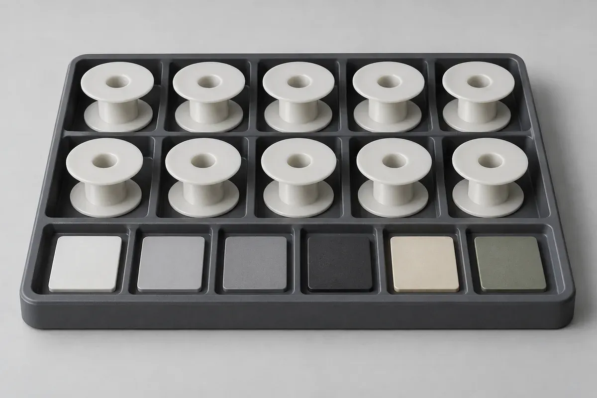 Separate bobbin specimens and plain material plaques in a compartment tray