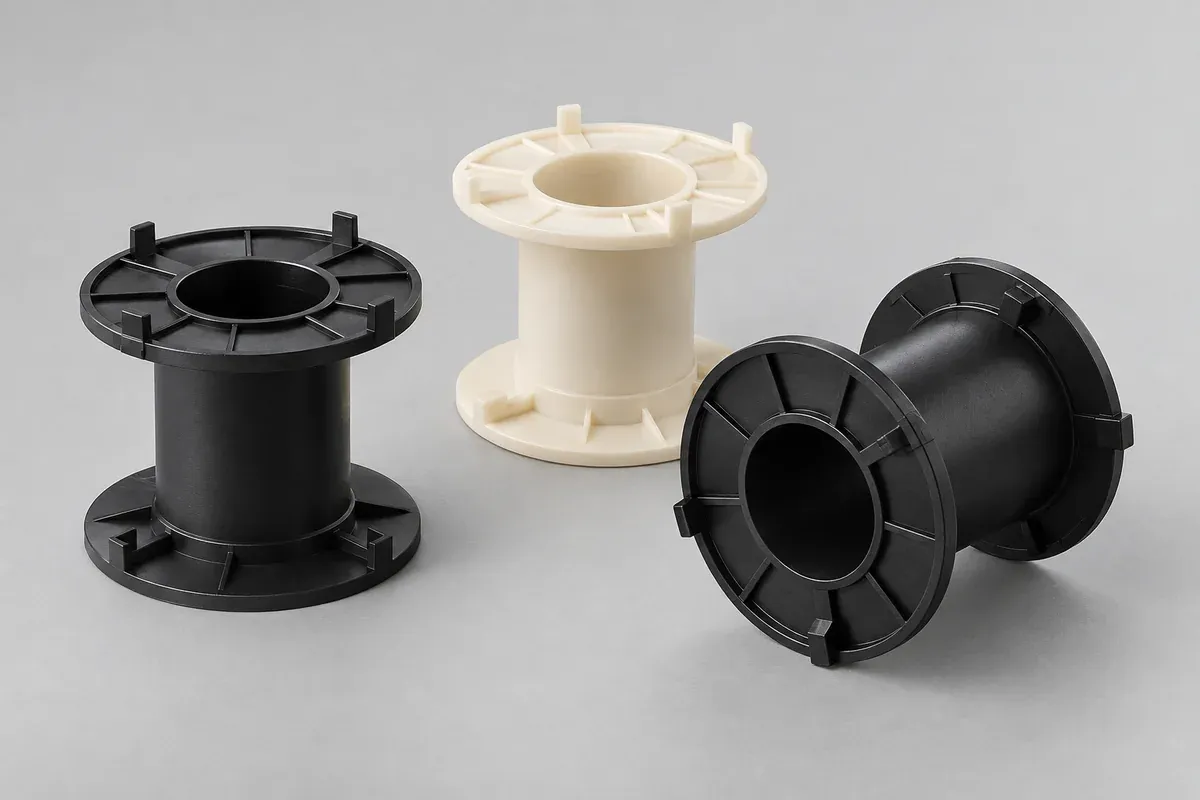 Black and ivory plastic coil-former design examples beside unmarked material samples