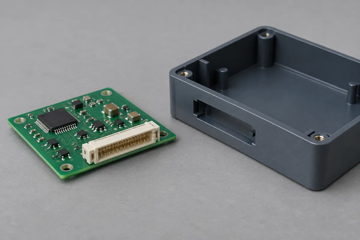 Board-edge connector and enclosure opening shown as separate interface components