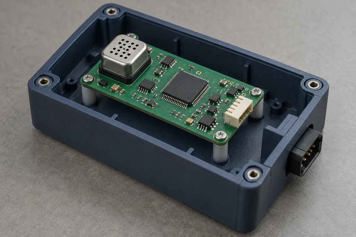 Circuit board supported inside a housing with clearance around a side connector