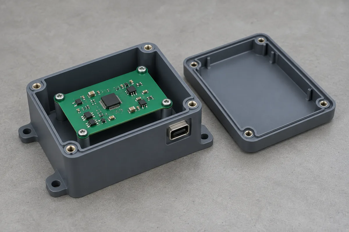 Open sensor enclosure with a supported circuit board and an aligned side connector