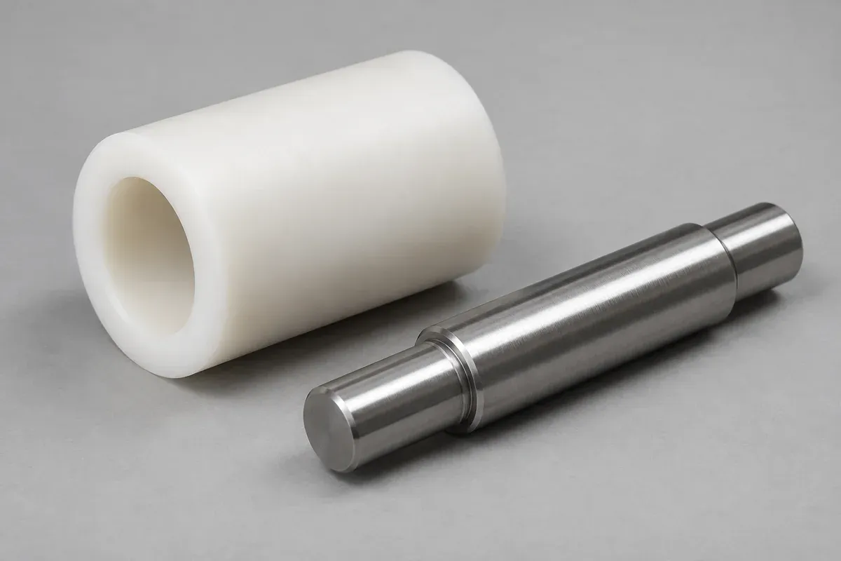 Off-white sleeve bushing beside a separate smooth metal shaft