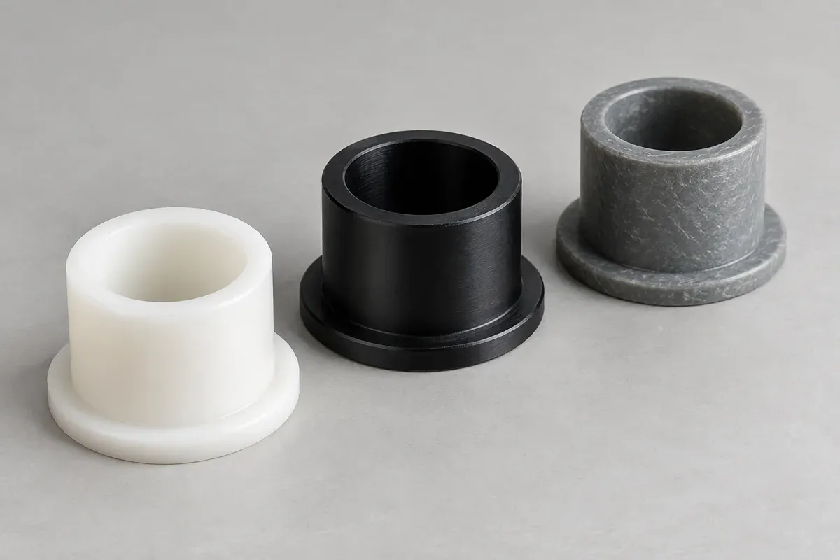 Natural, black and gray molded bushing design examples with open cylindrical bores