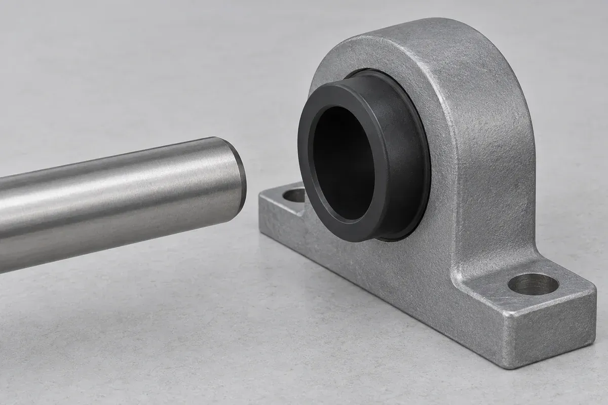 Gauge pin approaching an installed flanged bushing in a supported housing