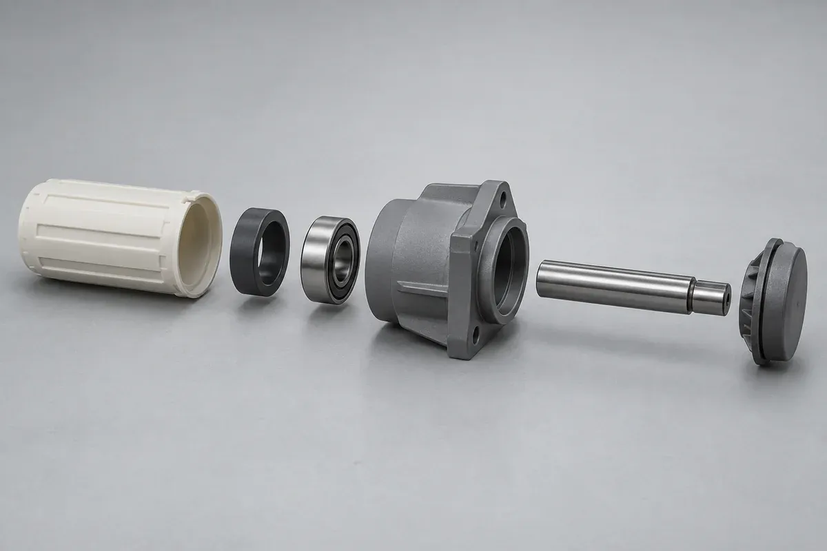 Separated sleeve bushing, rigid housing and shaft aligned for a fit review