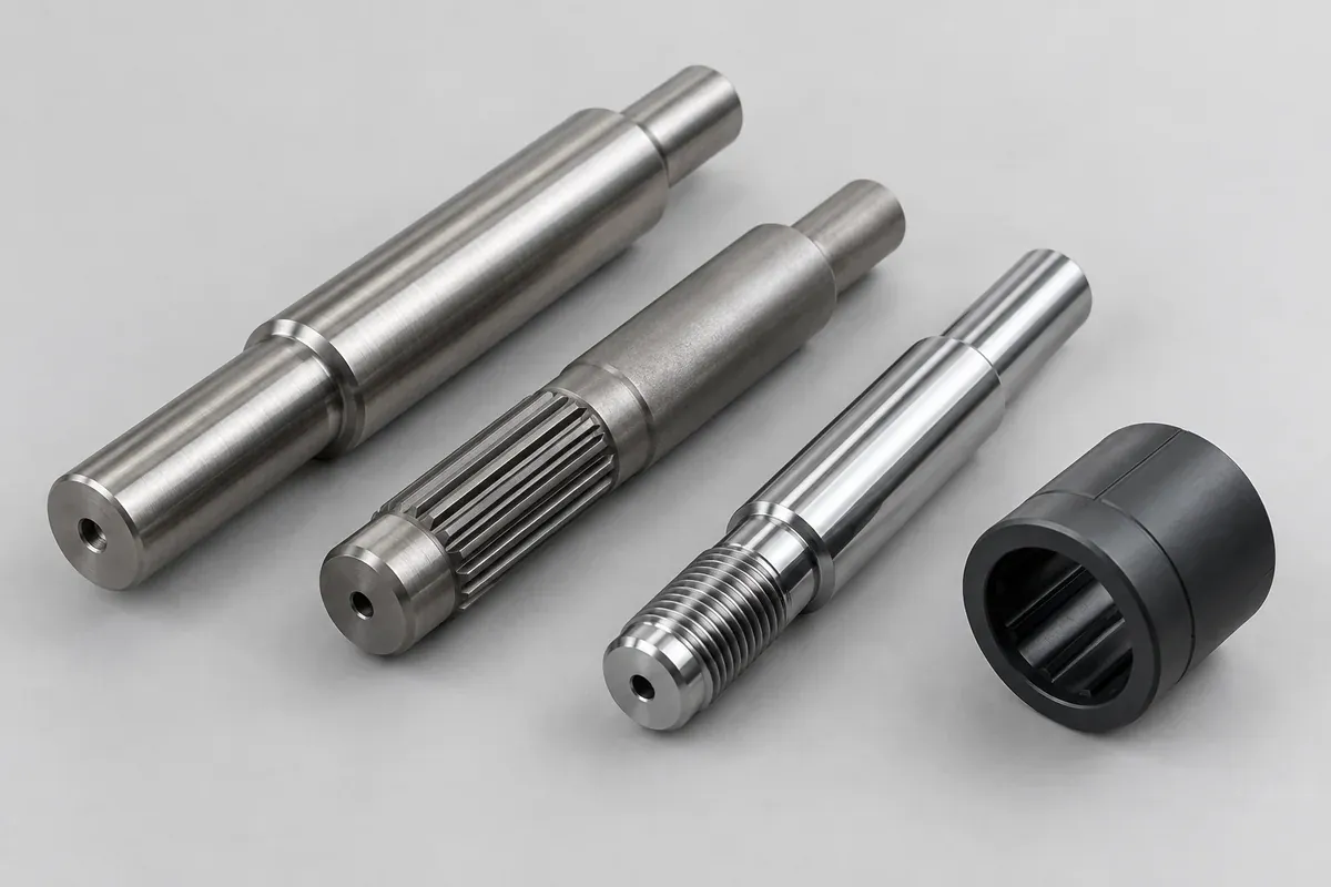 Bare shaft samples with visibly different surface finishes beside a polymer sleeve