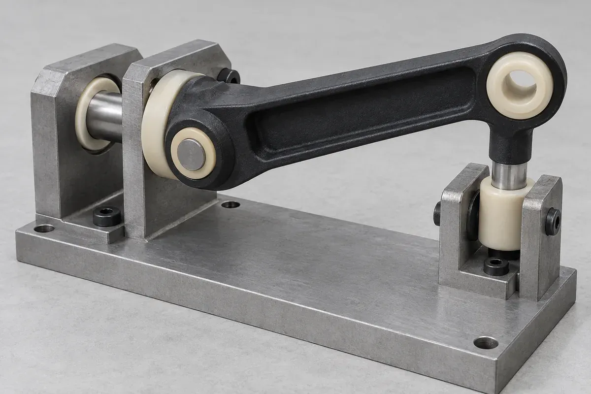 Unpowered pivot arm supported by a polymer bushing in a fixture