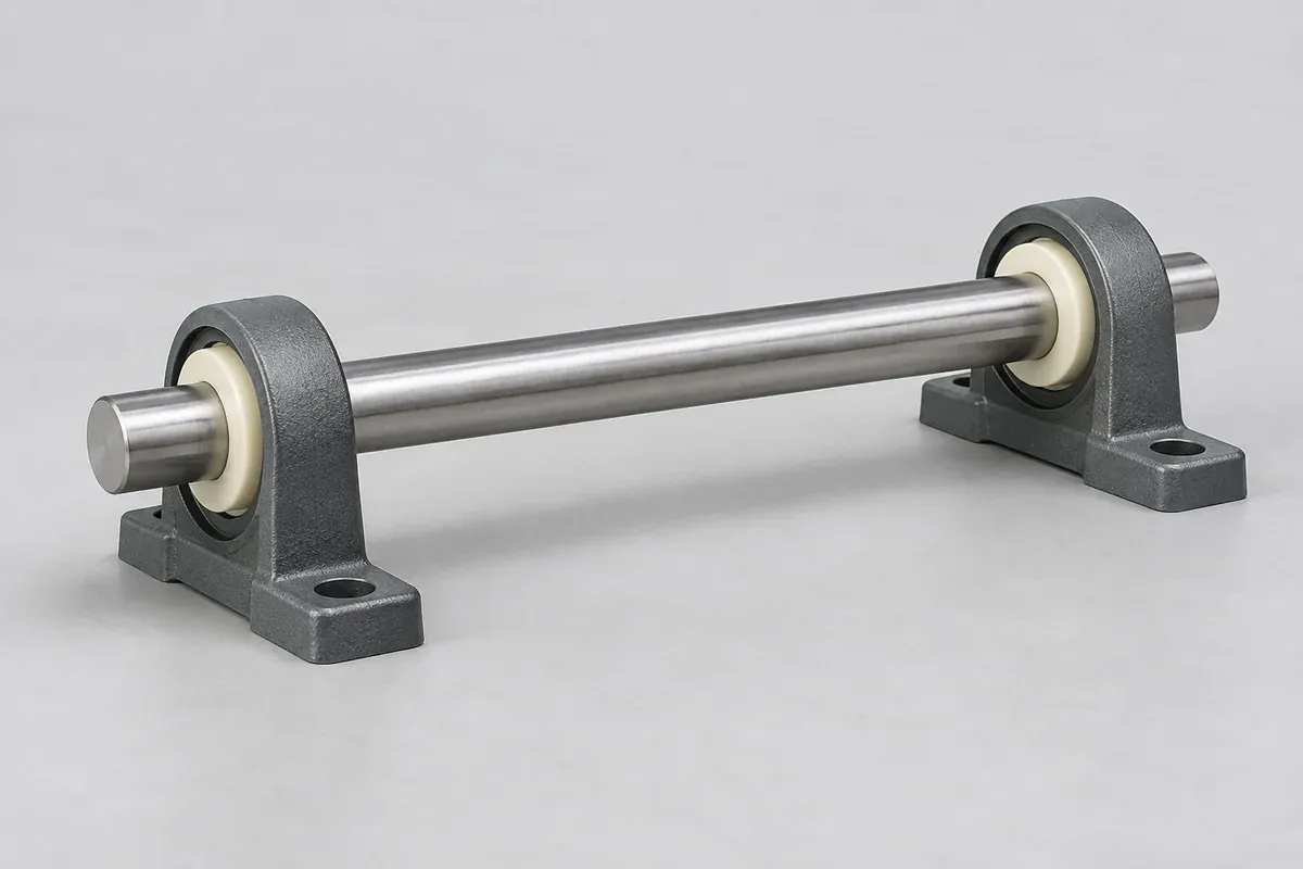 Polymer bushings supporting a bare shaft in simple passive industrial brackets