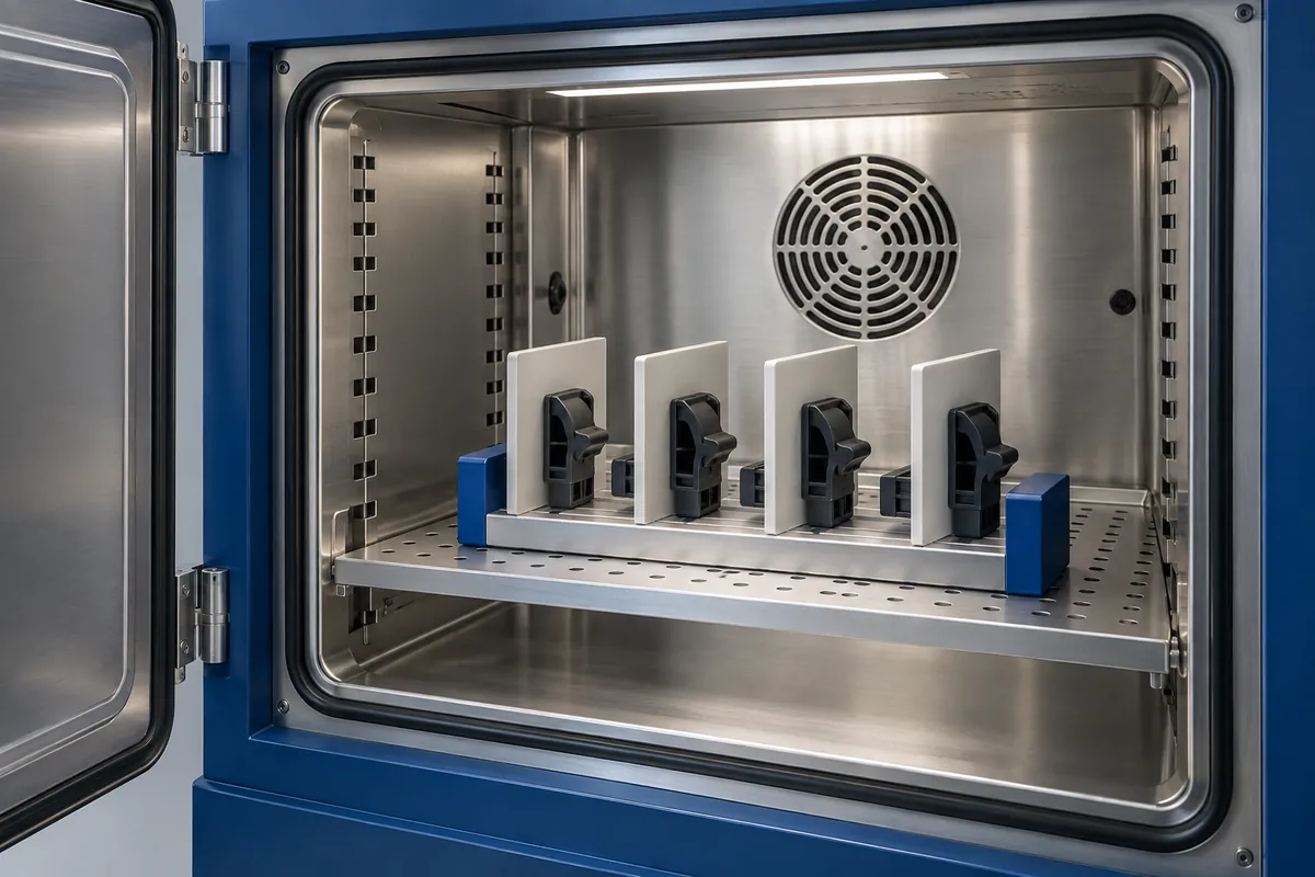 Illustrative clip assemblies arranged in an environmental chamber specimen rack