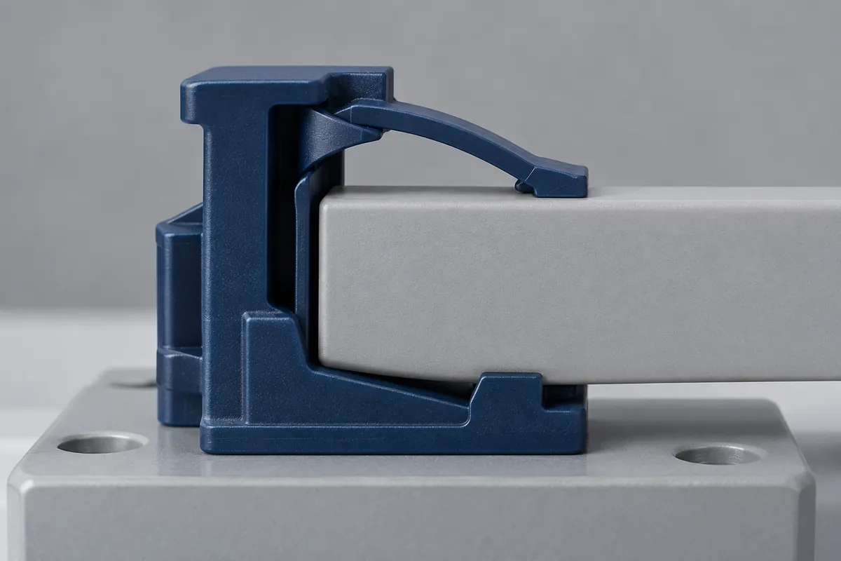 Illustrative molded polymer retainer engaged against a mating insert in a bench fixture