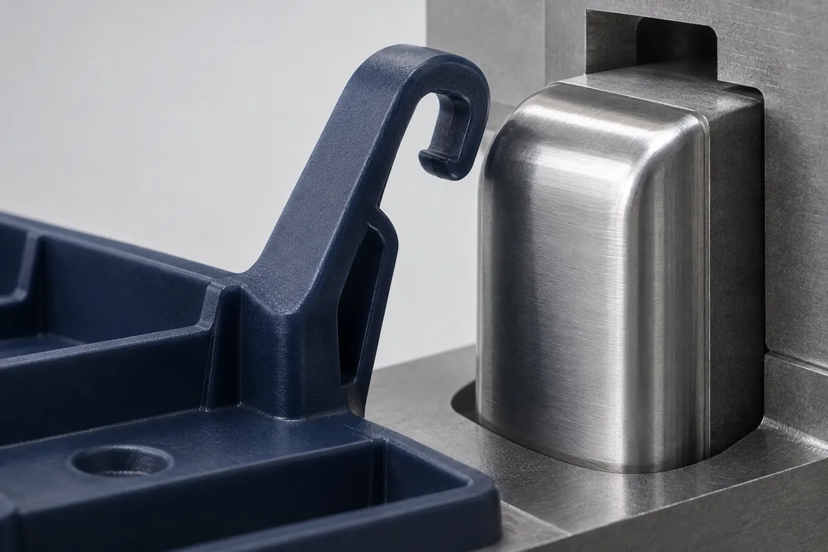 Conceptual flexible polymer hook beside a rounded steel release surface