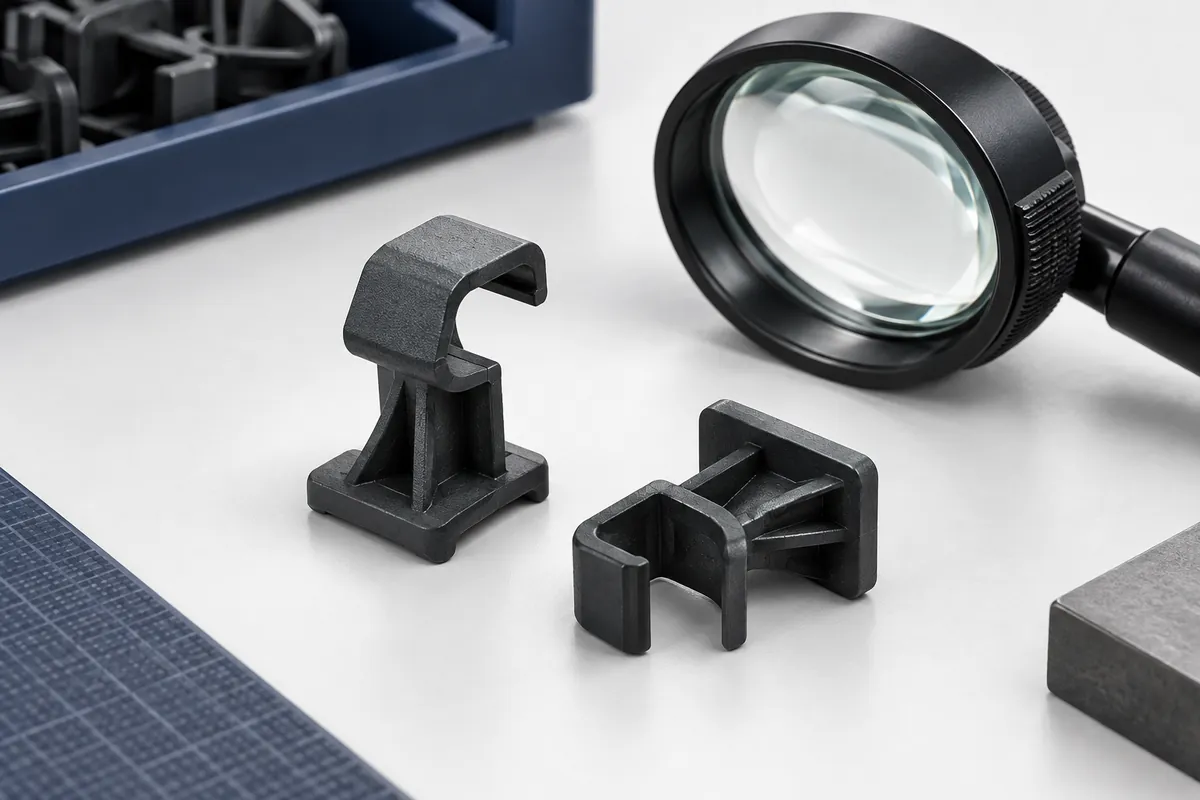 Illustrative molded clip hook regions arranged beside an optical inspection aid
