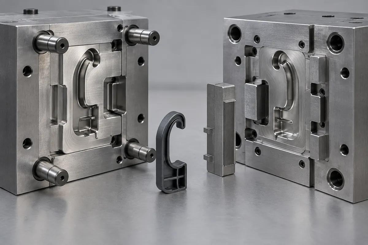 Illustrative open injection mold with a polymer hook clip and a separate side-core insert