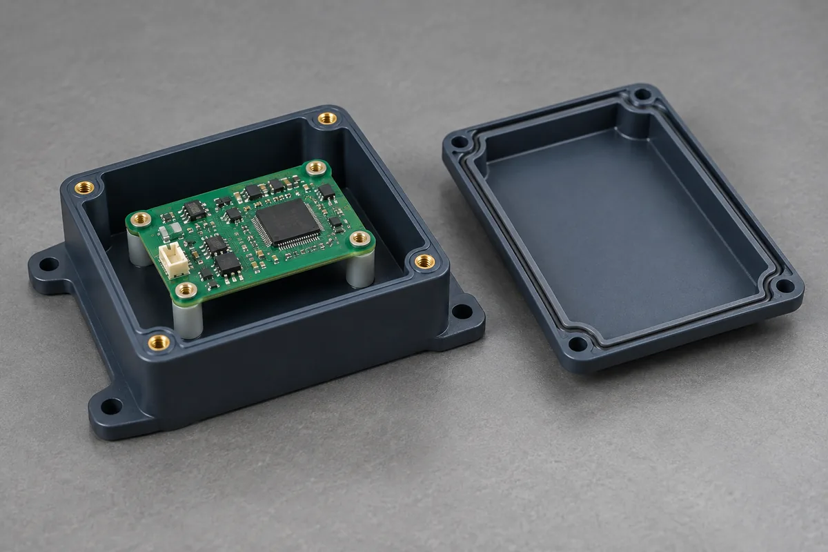 Open enclosure with supported PCB, separate lid and visible internal rib geometry