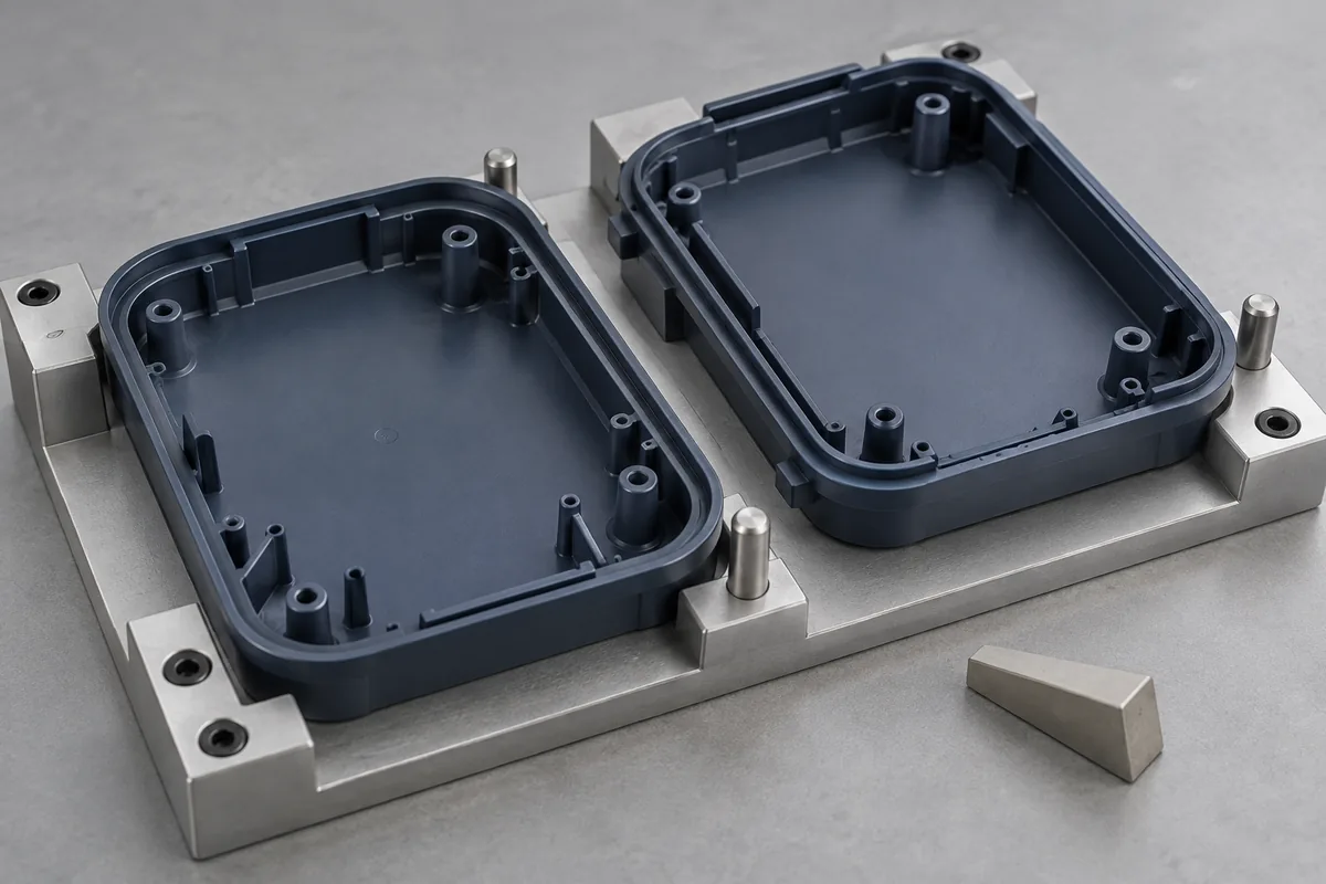 Enclosure halves supported in a light-contact inspection fixture beside an unmarked wedge gauge