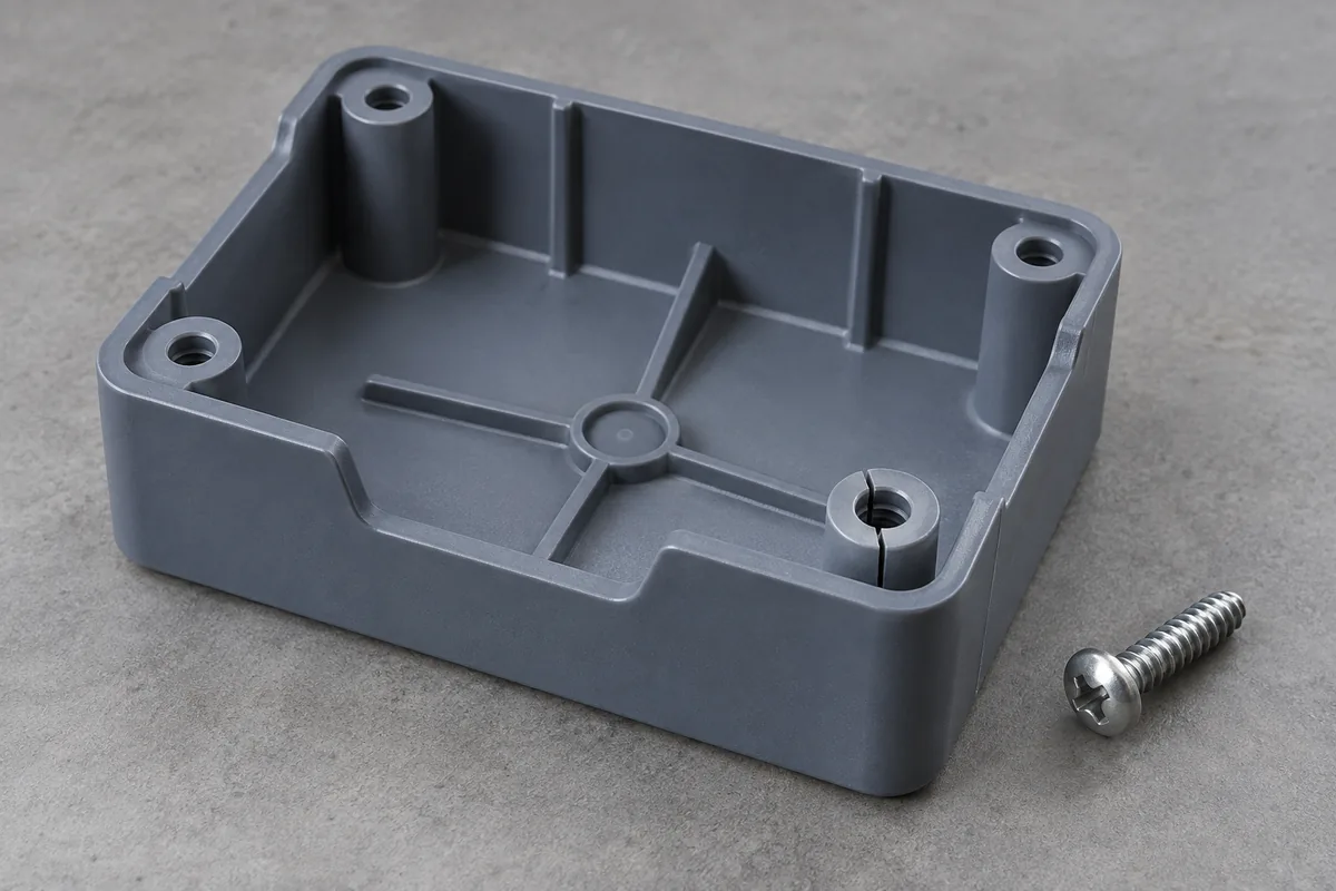 Illustrative enclosure boss with a small radial split and a separate screw