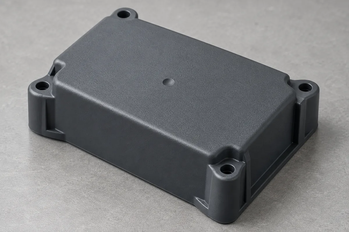 Shallow illustrative depression on a molded enclosure outer face under oblique light