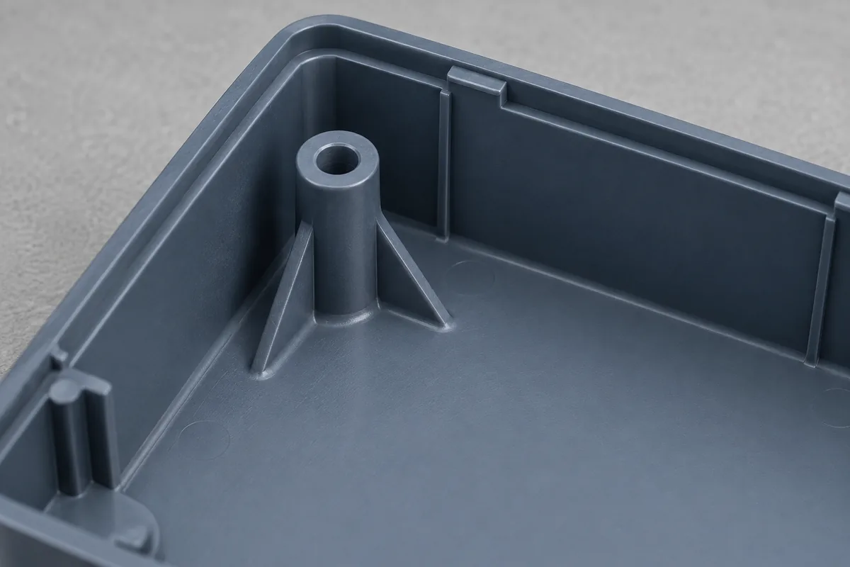 Hollow boss concept offset from an enclosure wall and supported by slim gussets