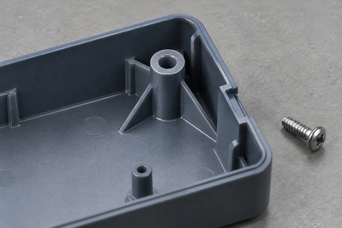 Close design detail of a hollow enclosure screw boss with supporting ribs
