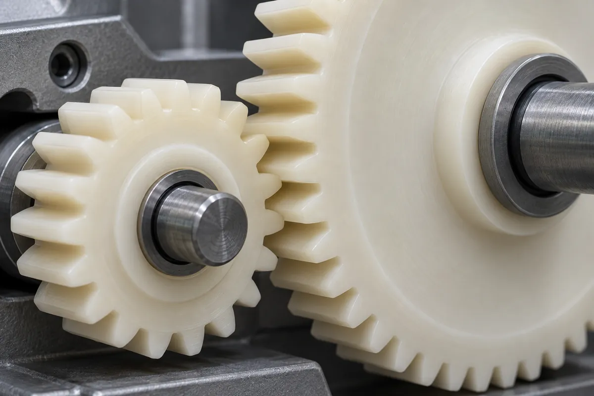 Close detail of two intermeshing polymer gears