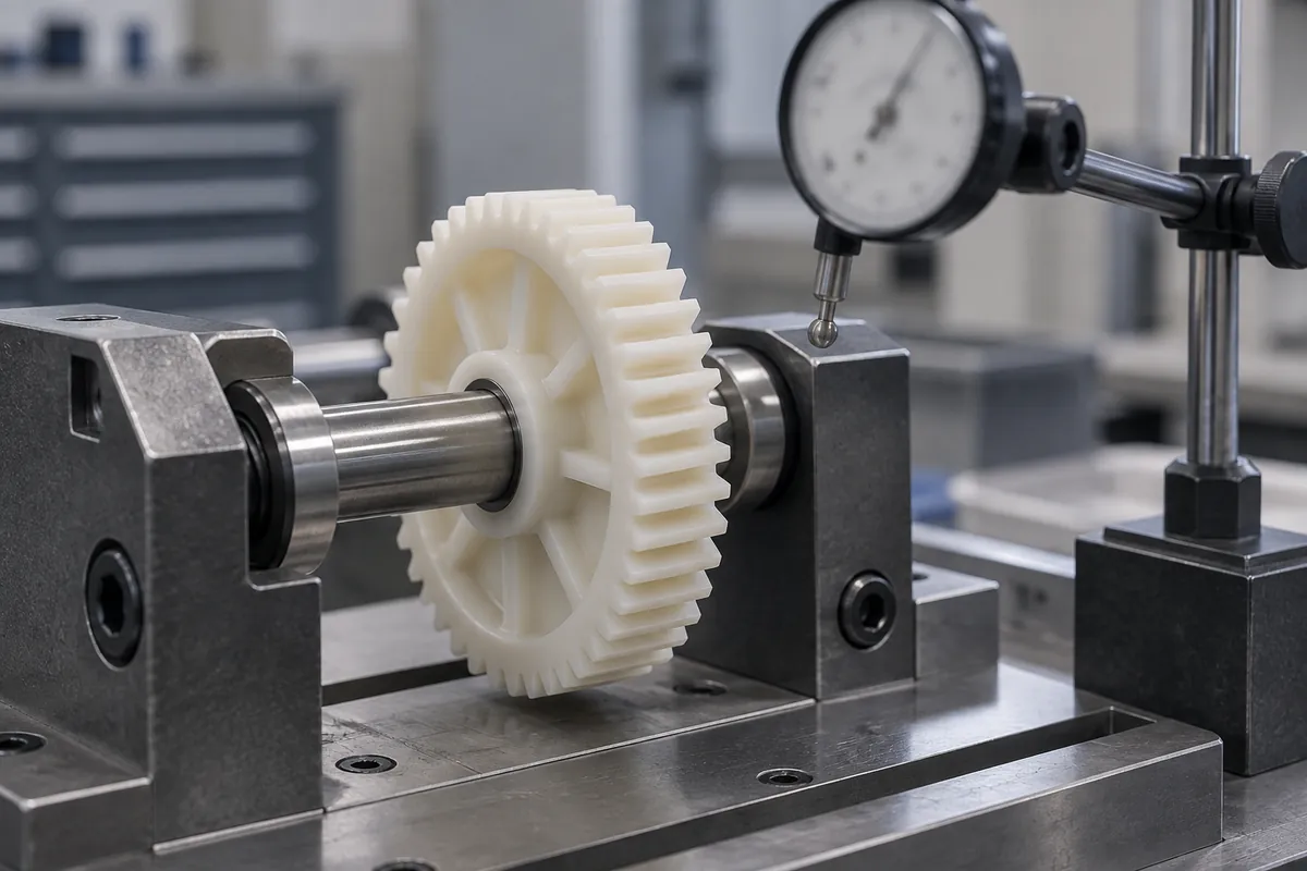 Gear on a supported shaft with a nearby dial indicator