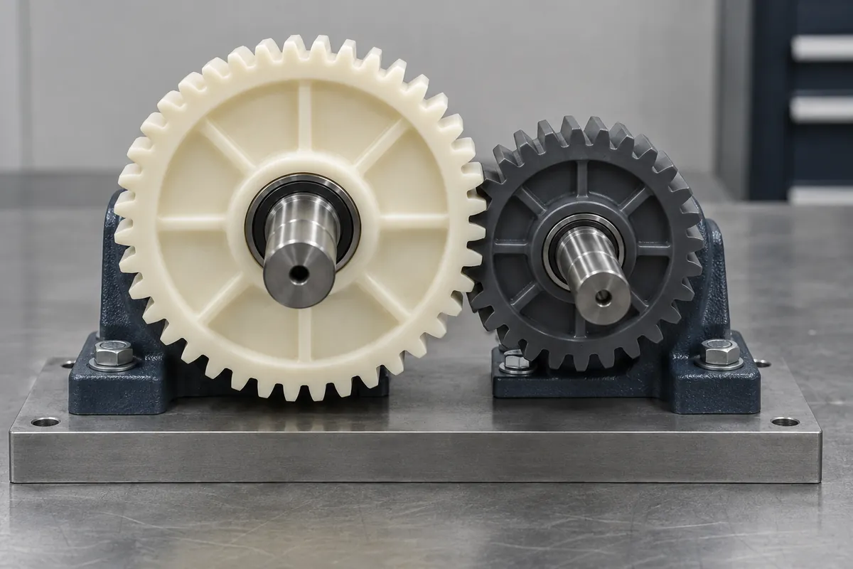 Polymer spur gear pair on parallel shafts in an open fixture