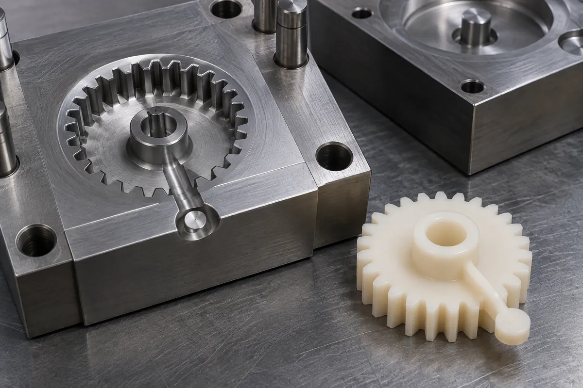 Gear mold insert concept with a feed near the hub and separate sample