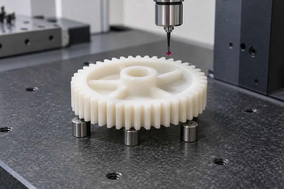 Gear supported at defined points beneath a metrology probe