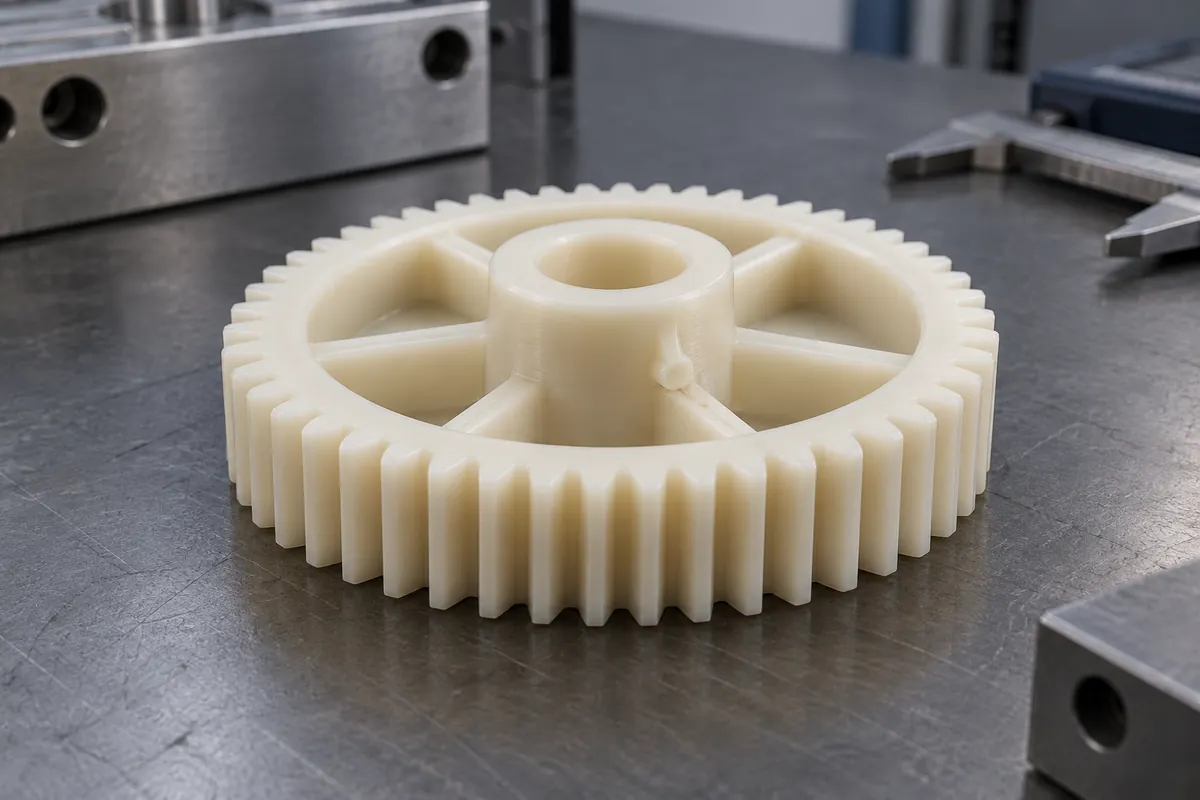 Molded spur gear design showing hub, thin web and toothed rim